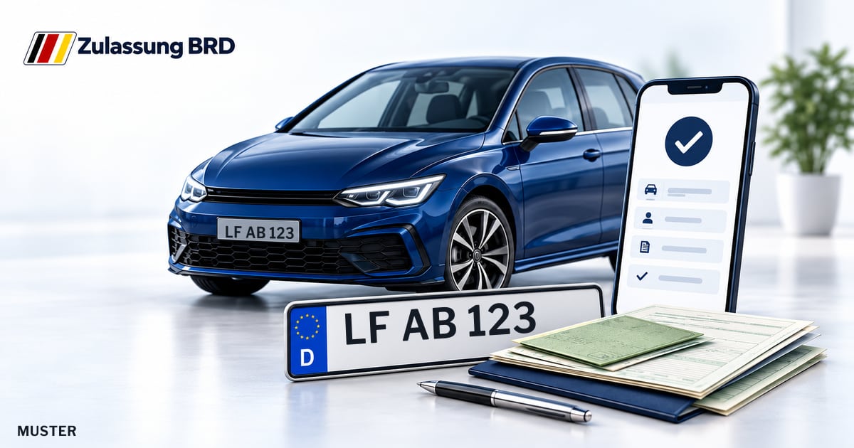 Online Fahrzeugzulassung in Freilassing: Musterkennzeichen LF AB 123, Auto und Fahrzeugpapiere und Smartphone. Illustration mit Logo von Zulassung BRD.